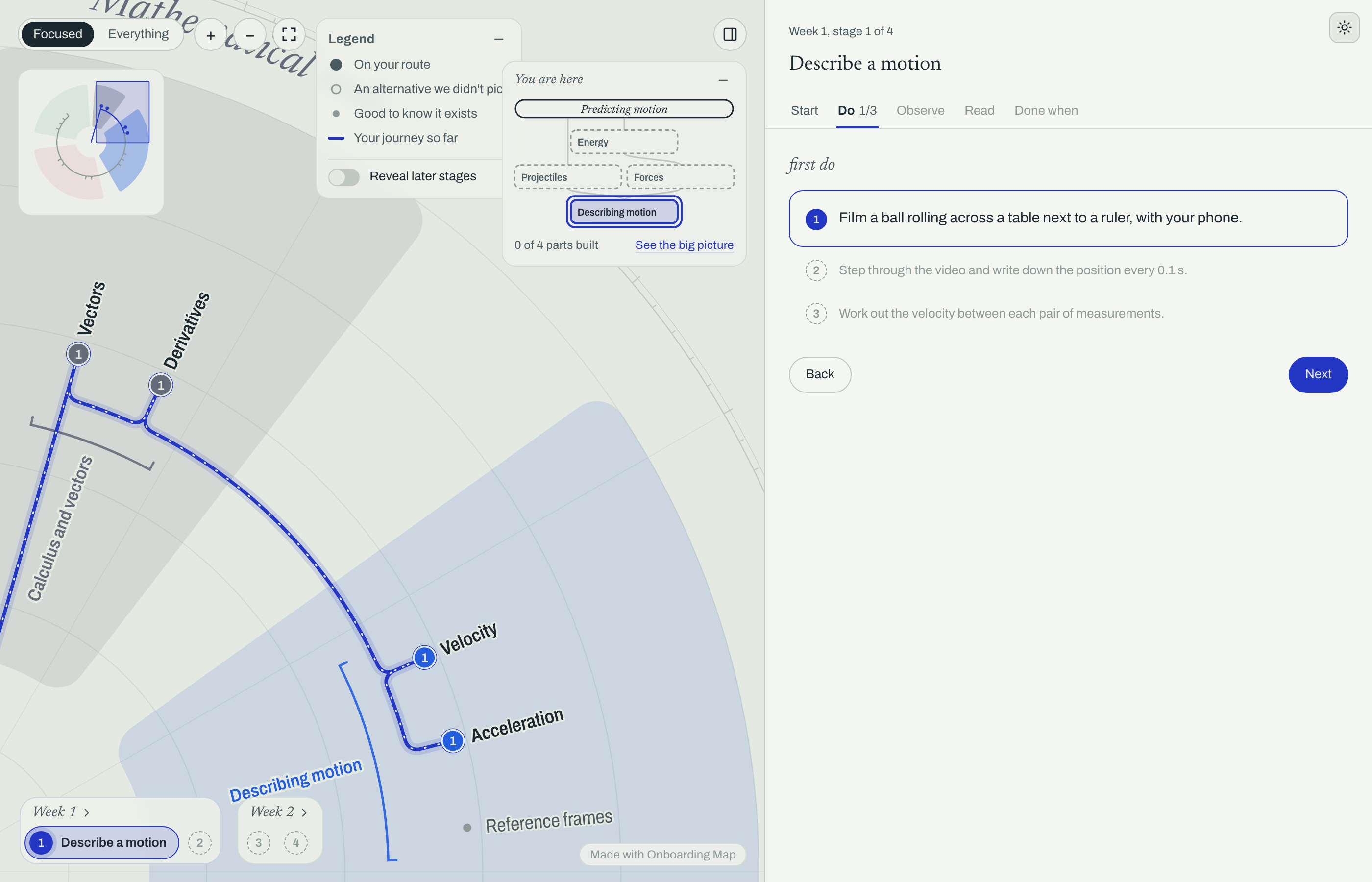 The Physics map with the first stage open on its first Do step; the map zooms to the concepts used in the task.